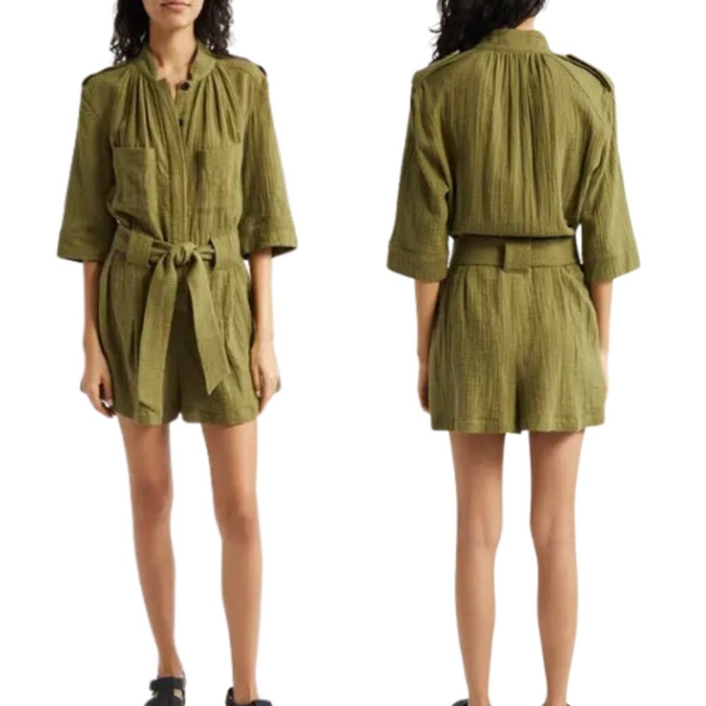 NEW Smythe Utility Collared Belted Elbow Sleeves Romper Green Size: Medium